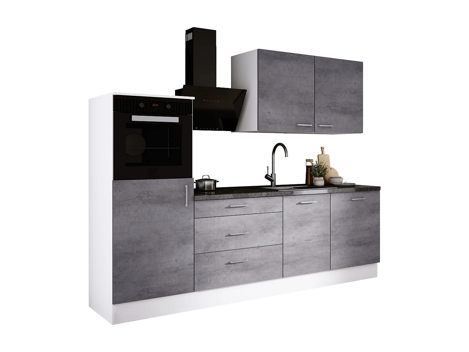 Ensemble de cuisine : Blanc Mat, Béton, d : l : 250 cm, h : 220 cm, p : 60 cm