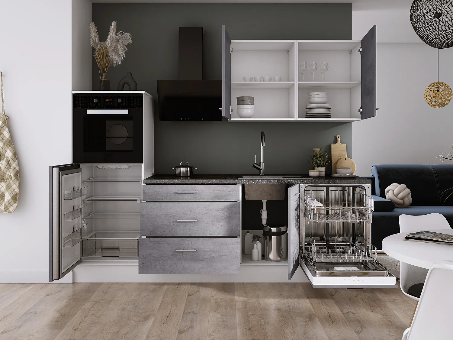 Ensemble de cuisine : Blanc Mat, Béton, d : l : 250 cm, h : 220 cm, p : 60 cm