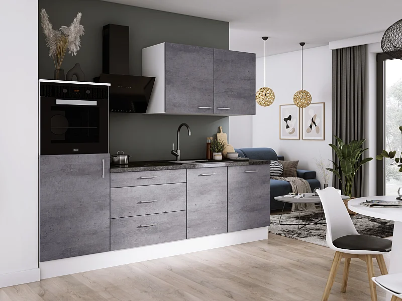 Ensemble de cuisine : Blanc Mat, Béton, d : l : 250 cm, h : 220 cm, p : 60 cm