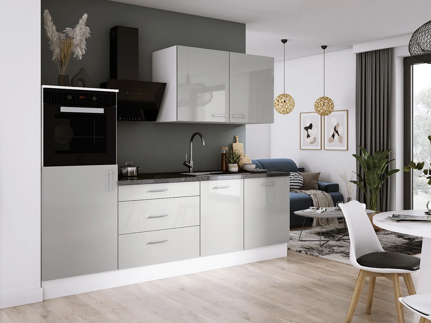 Ensemble de cuisine : Blanc Mat, Gris Glace, d : l : 250 cm, h : 220 cm, p : 60 cm