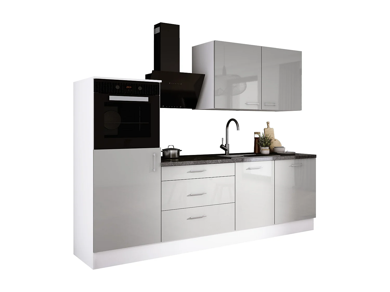 Ensemble de cuisine : Blanc Mat, Gris Glace, d : l : 250 cm, h : 220 cm, p : 60 cm