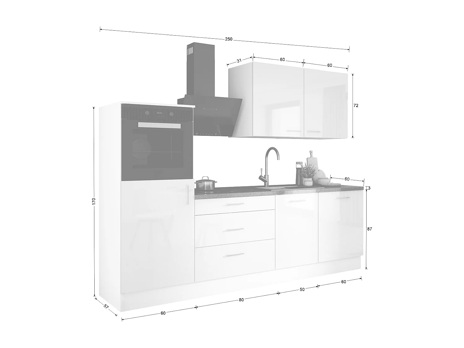 Ensemble de cuisine : Blanc Mat, Gris Glace, d : l : 250 cm, h : 220 cm, p : 60 cm