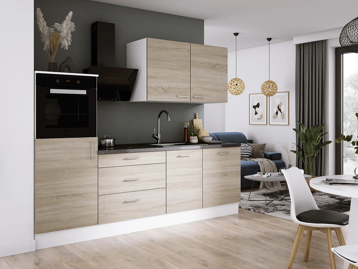 Ensemble de cuisine : Blanc Mat, Chêne Sonoma, d : l : 250 cm, h : 220 cm, p : 60 cm