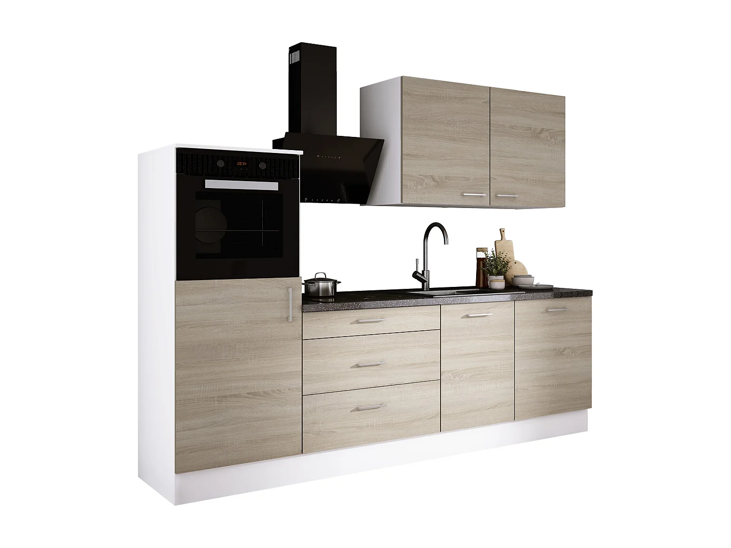 Ensemble de cuisine : Blanc Mat, Chêne Sonoma, d : l : 250 cm, h : 220 cm, p : 60 cm