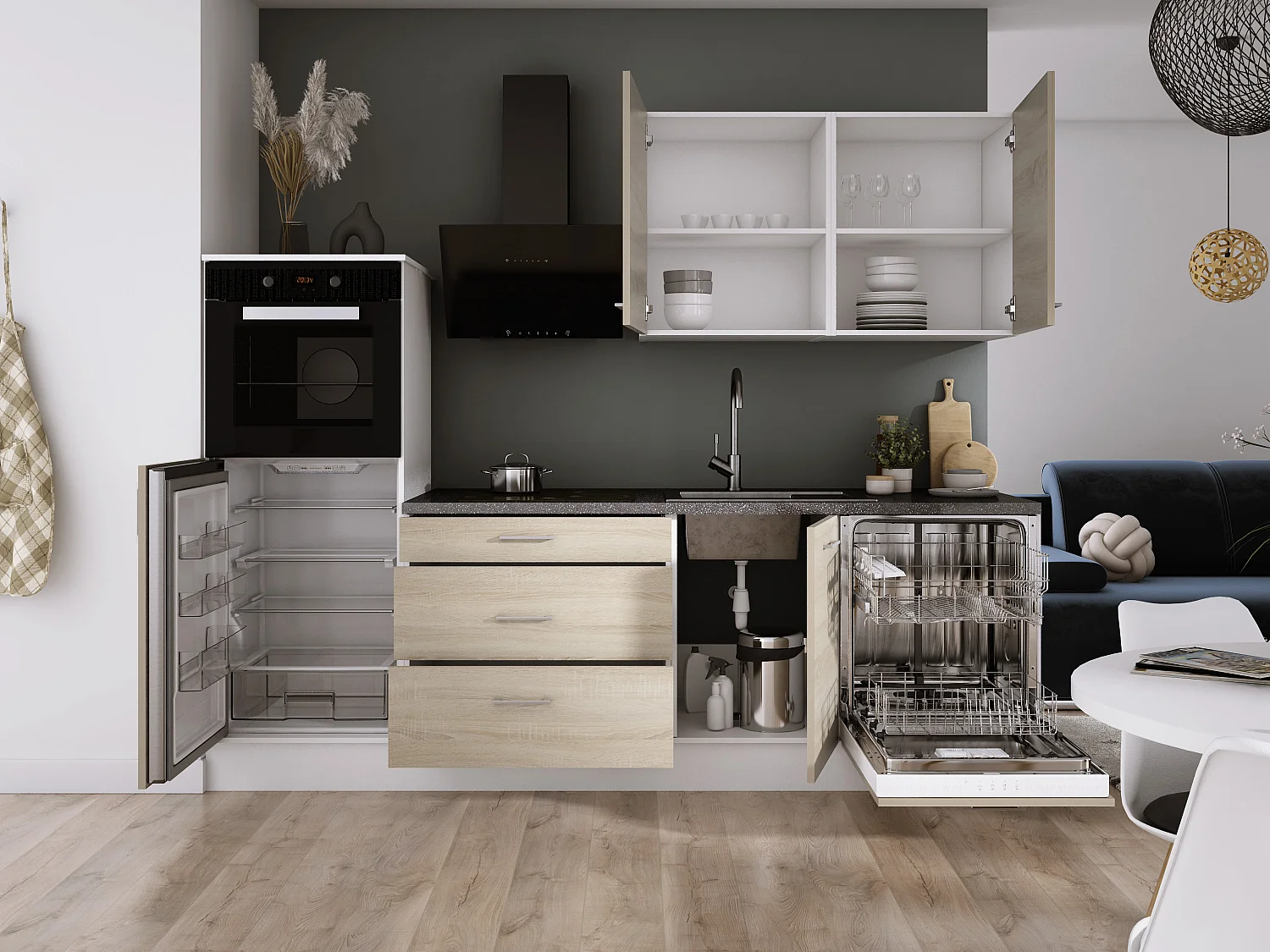 Ensemble de cuisine : Blanc Mat, Chêne Sonoma, d : l : 250 cm, h : 220 cm, p : 60 cm