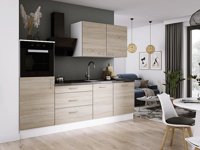 Ensemble de cuisine : Blanc Mat, Chêne Sonoma, d : l : 250 cm, h : 220 cm, p : 60 cm