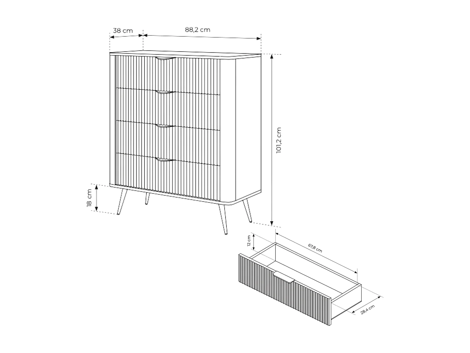 Kommode: 4 Schubladen, weiß, 88,2 x 38 x 101,2 cm