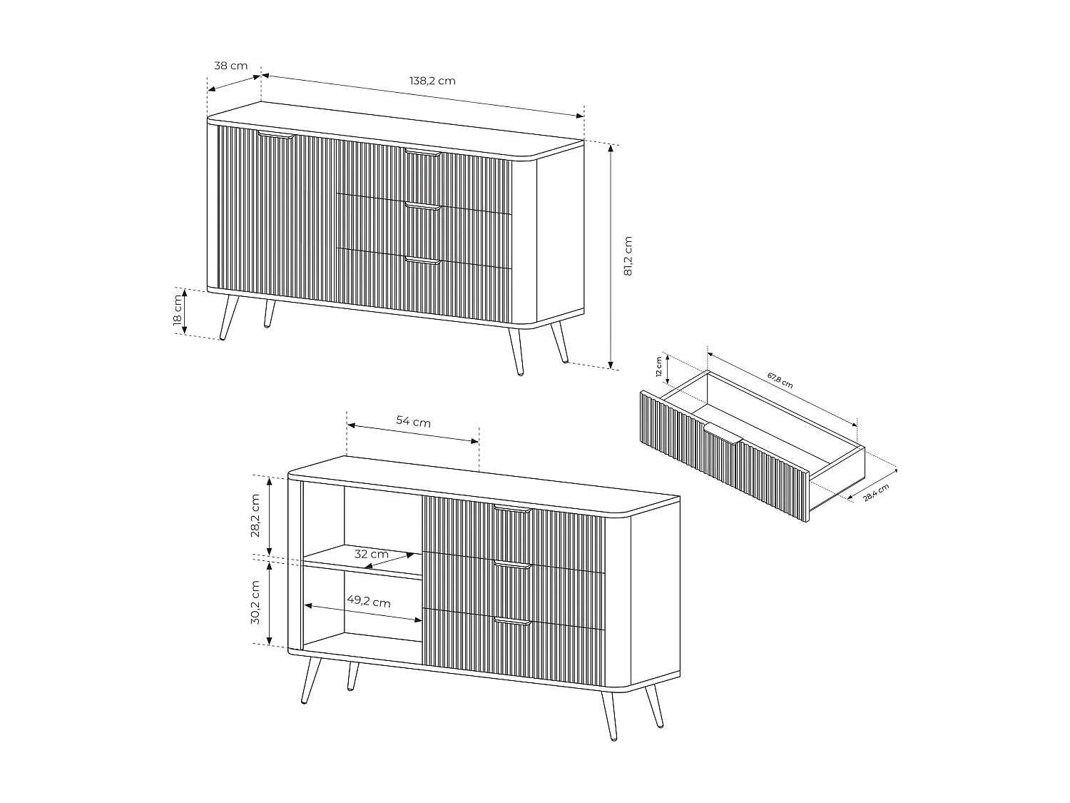Aparador: 3 gavetas, 1 porta, Branco, 138,2 x 38 x 81,2 cm