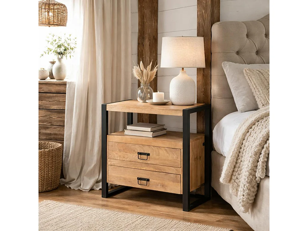Table de chevet 2 tiroirs bois clair et métal noir MILORA