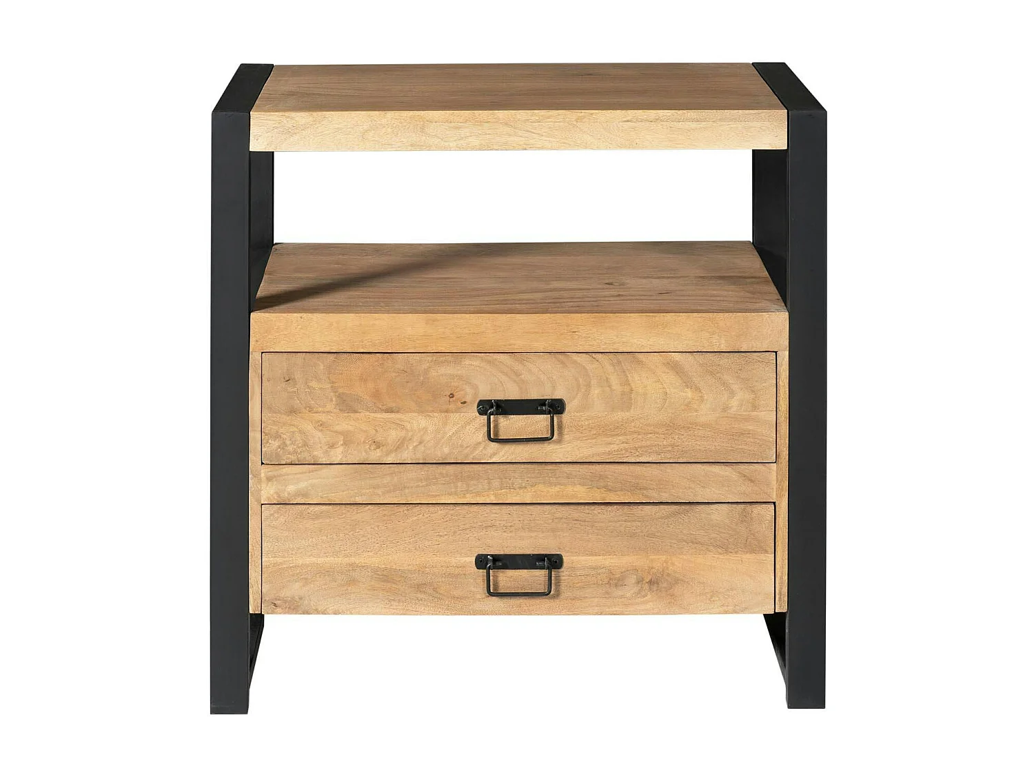 Table de chevet 2 tiroirs bois clair et métal noir MILORA