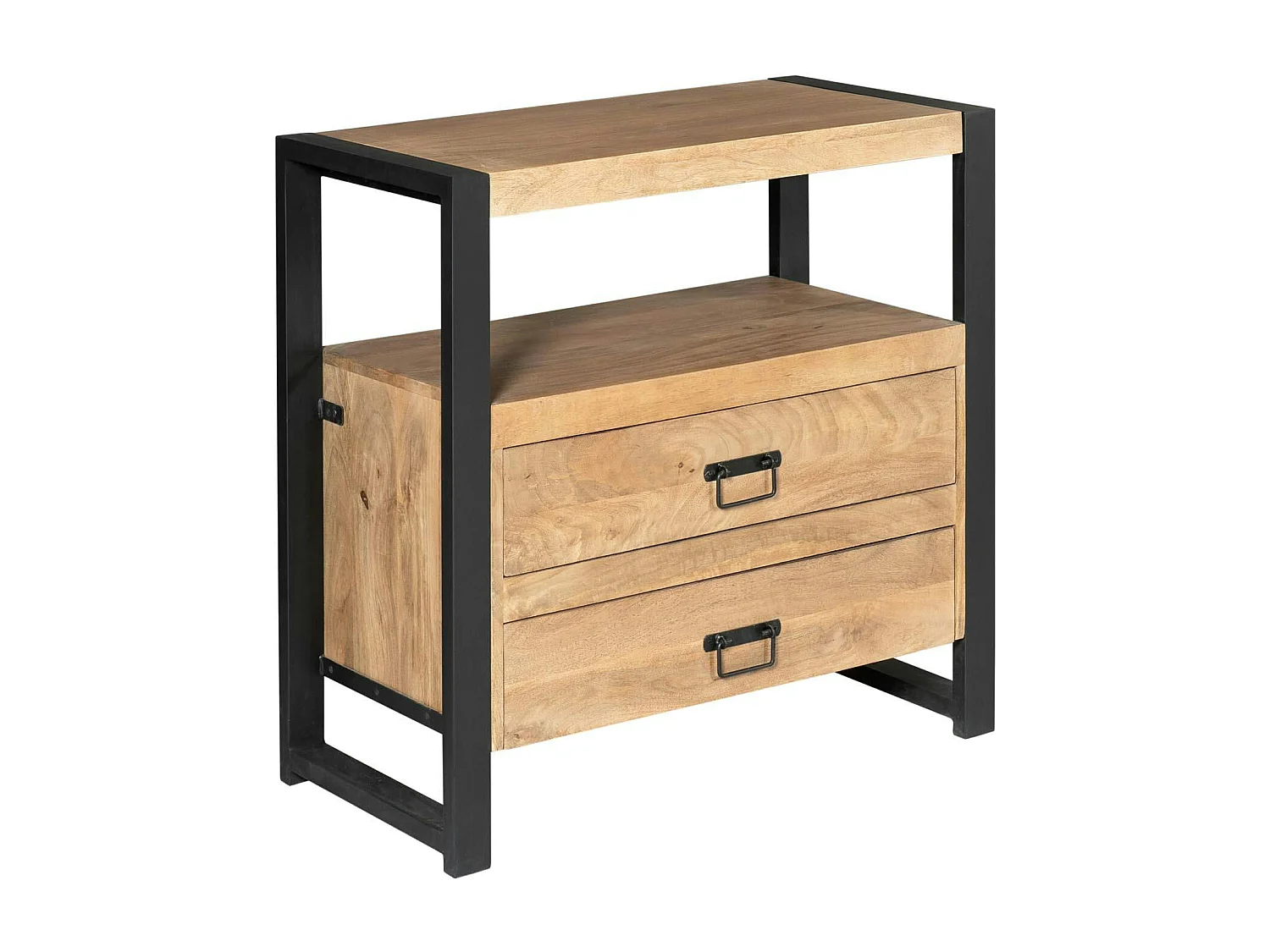 Table de chevet 2 tiroirs bois clair et métal noir MILORA