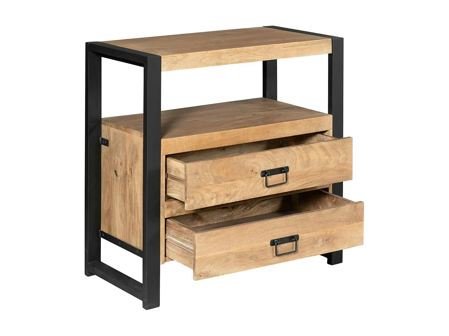 Table de chevet 2 tiroirs bois clair et métal noir MILORA