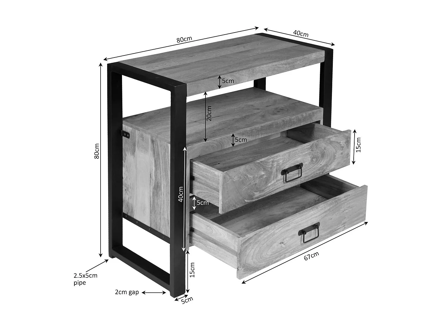 Table de chevet 2 tiroirs bois clair et métal noir MILORA
