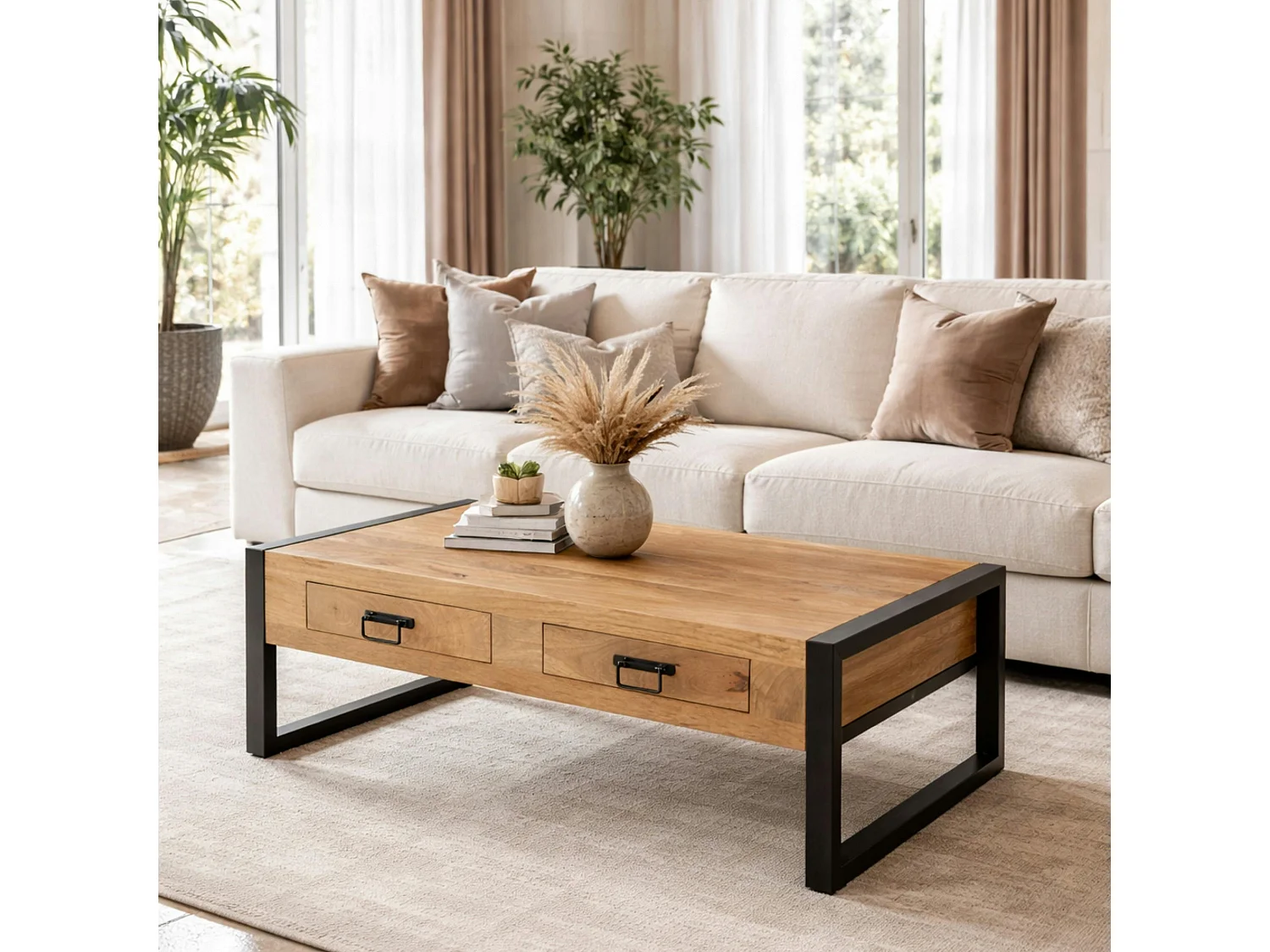 Table basse rectangulaire bois clair métal noir 2 tiroirs MILORA