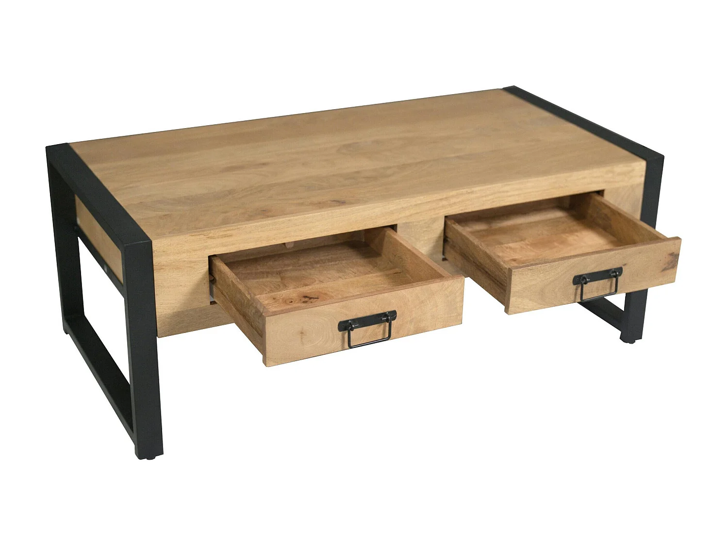 Table basse rectangulaire bois clair métal noir 2 tiroirs MILORA