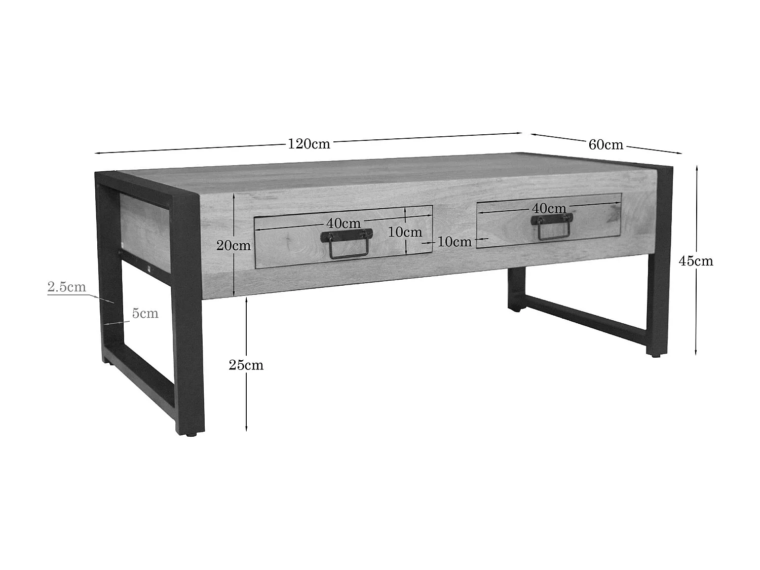 Table basse rectangulaire bois clair métal noir 2 tiroirs MILORA