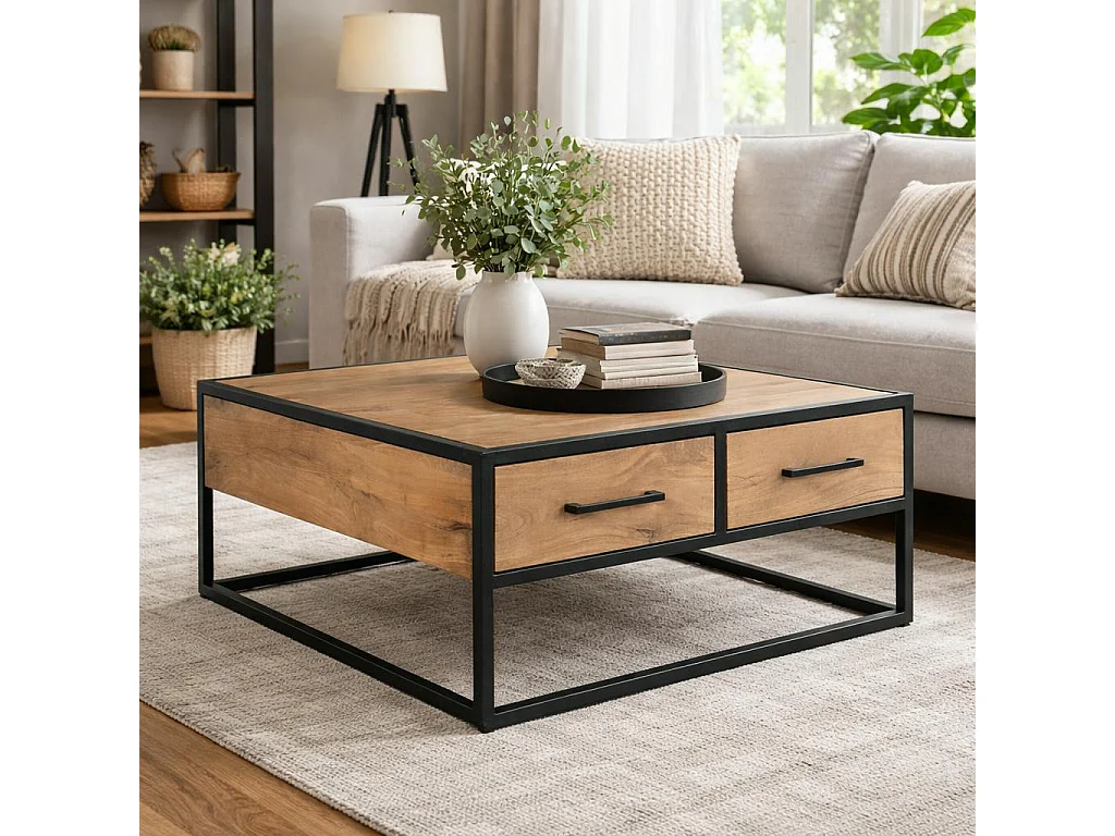 Table basse carrée bois clair métal noir 4 tiroirs RIVANO