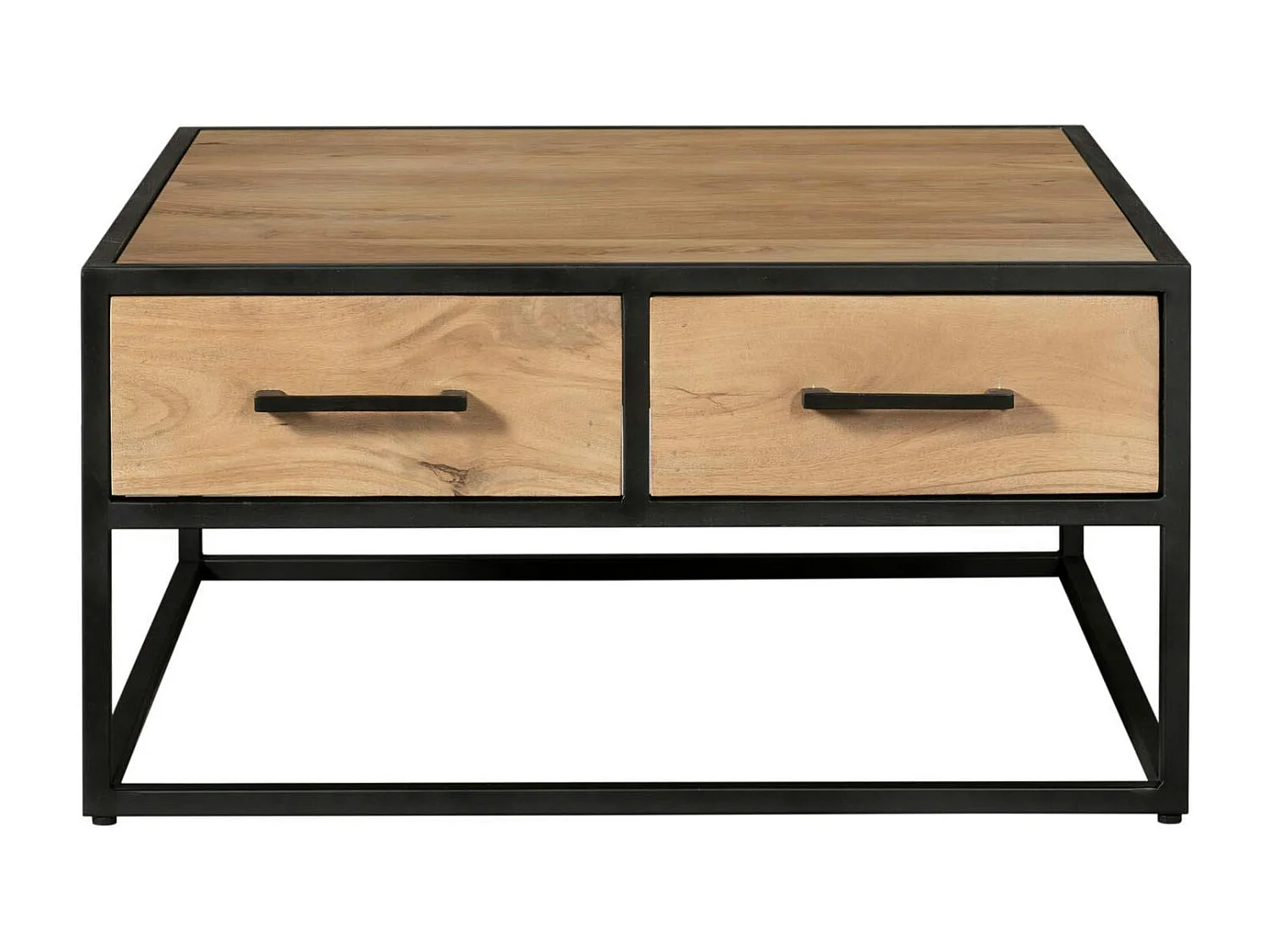 Table basse carrée bois clair métal noir 4 tiroirs RIVANO