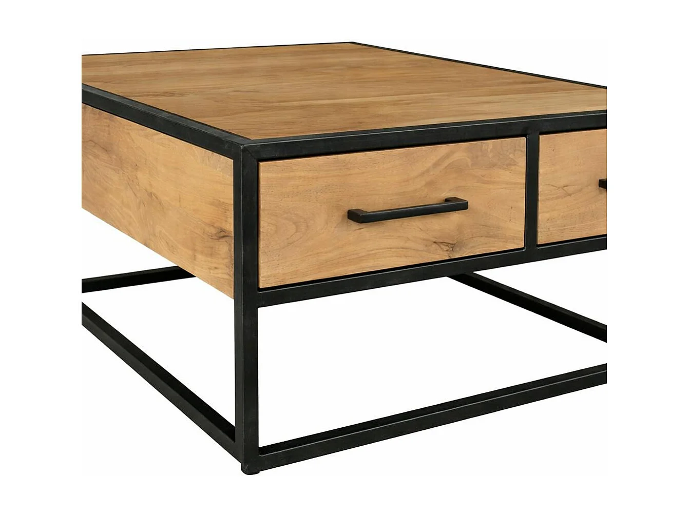 Table basse carrée bois clair métal noir 4 tiroirs RIVANO
