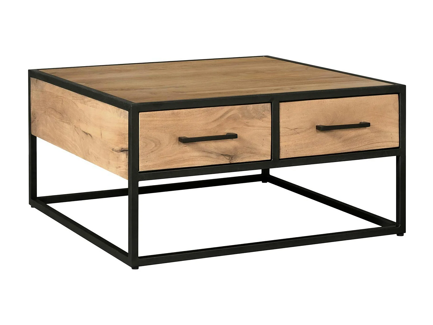 Table basse carrée bois clair métal noir 4 tiroirs RIVANO