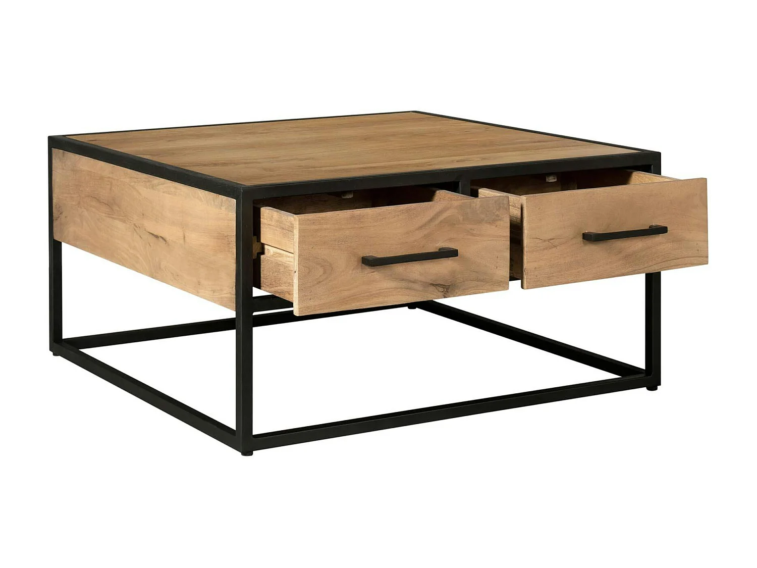 Table basse carrée bois clair métal noir 4 tiroirs RIVANO
