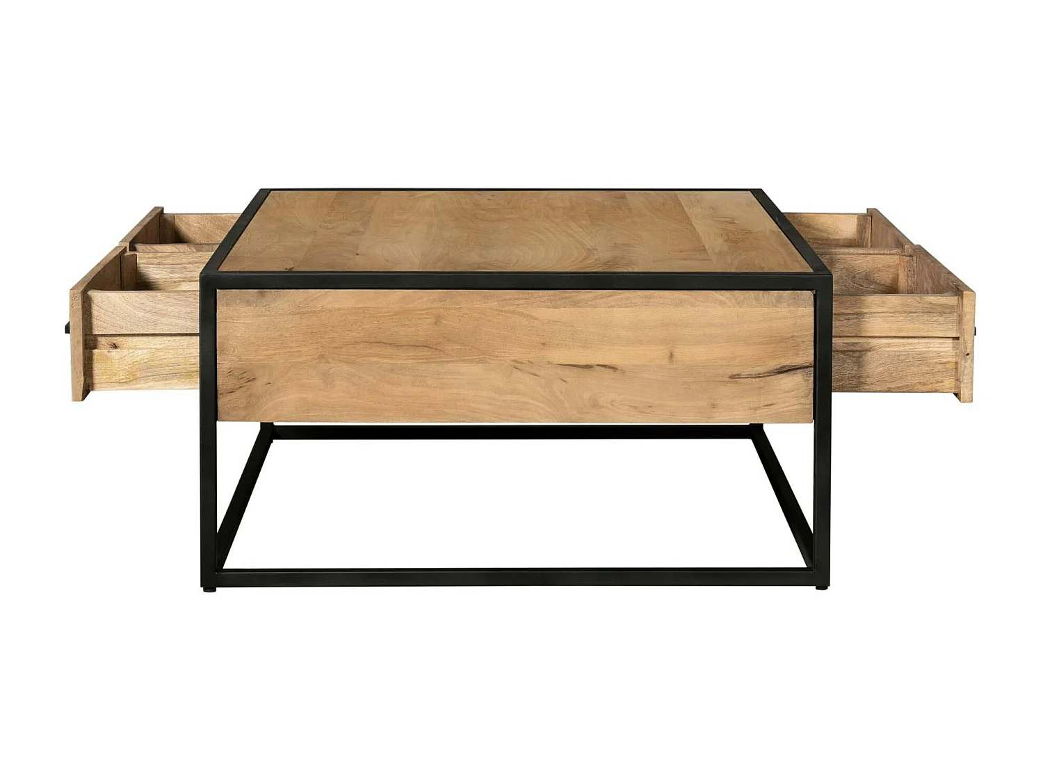 Table basse carrée bois clair métal noir 4 tiroirs RIVANO