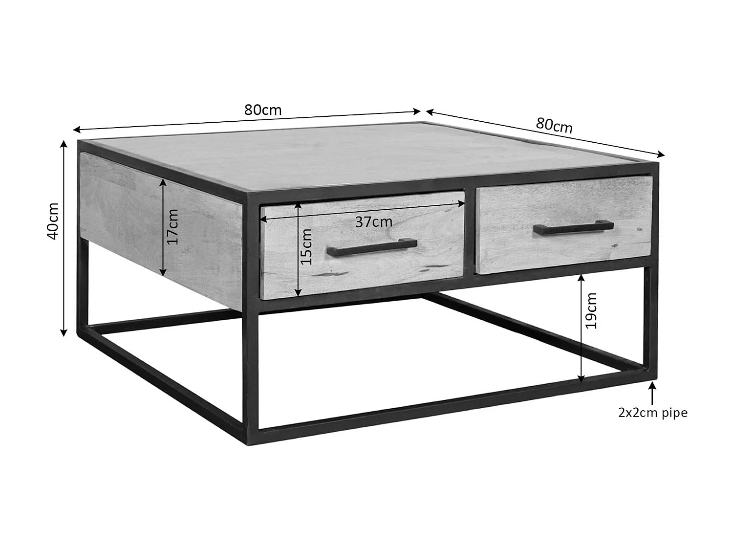 Table basse carrée bois clair métal noir 4 tiroirs RIVANO