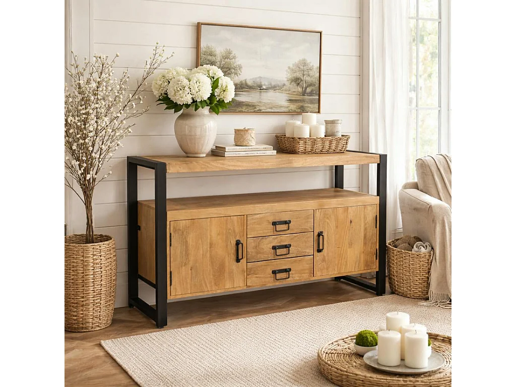 Buffet salon bois clair métal noir 2 portes 3 tiroirs MILORA