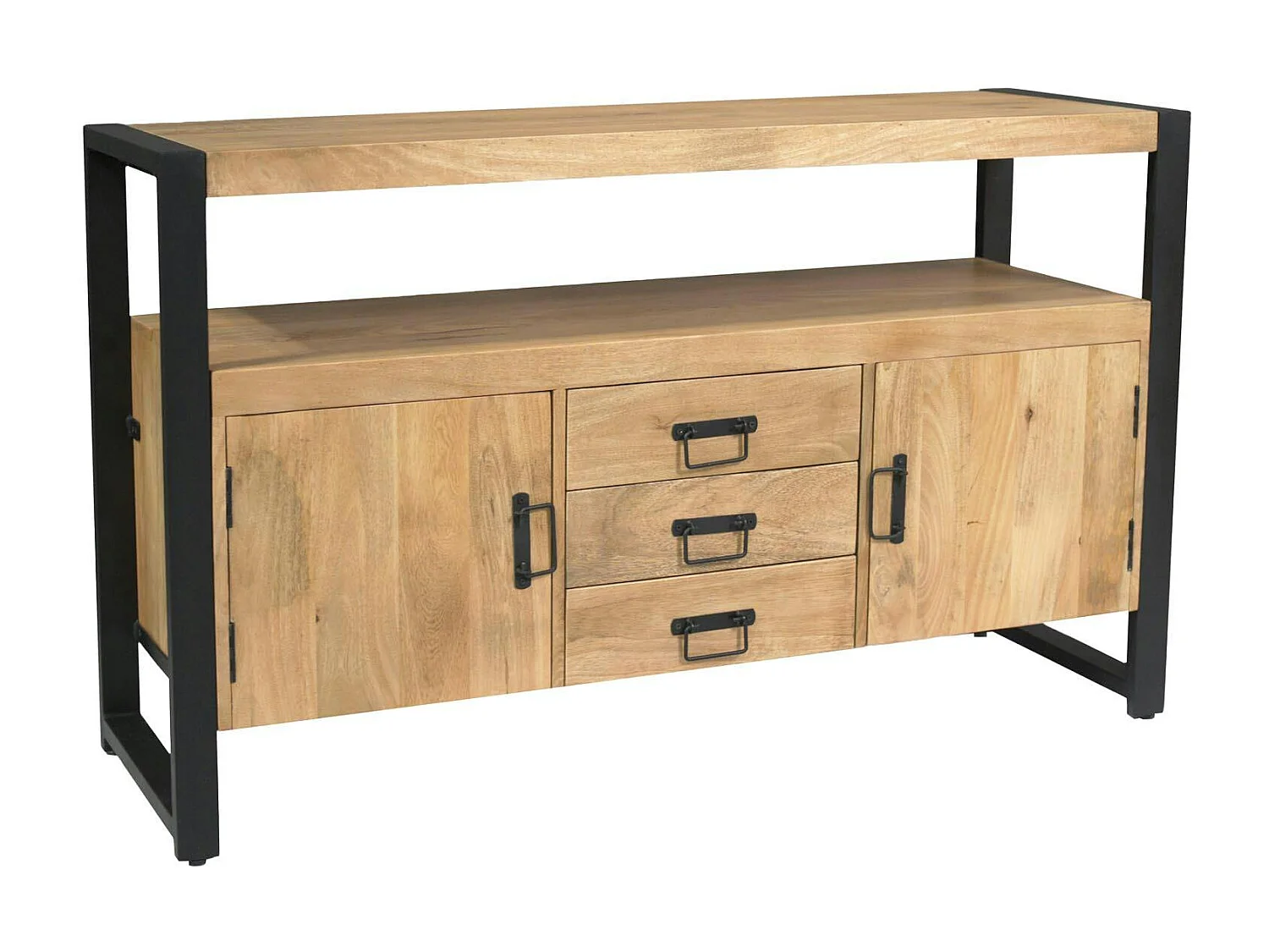 Buffet salon bois clair métal noir 2 portes 3 tiroirs MILORA