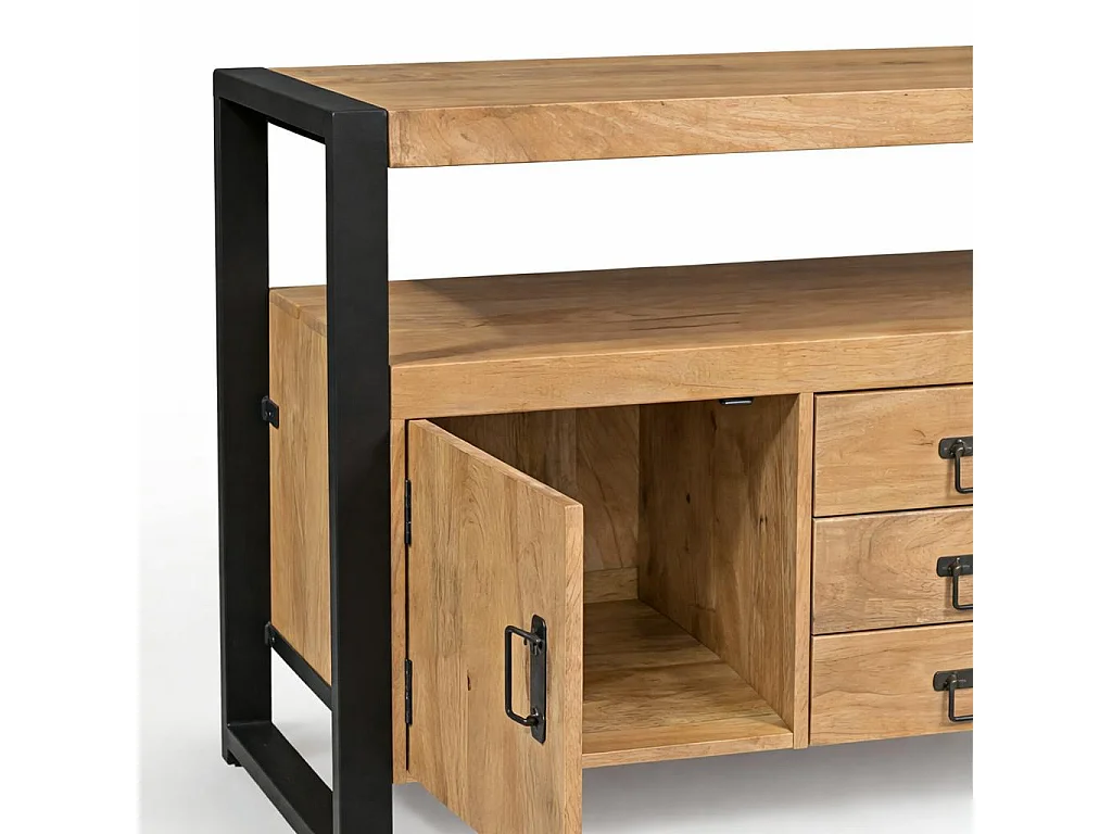 Buffet salon bois clair métal noir 2 portes 3 tiroirs MILORA