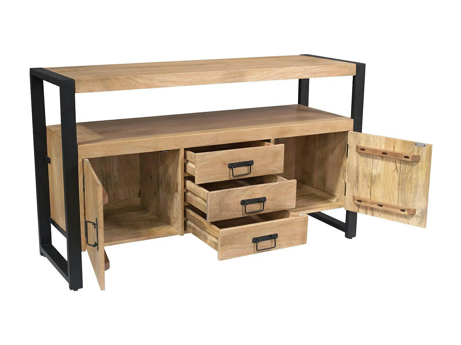 Buffet salon bois clair métal noir 2 portes 3 tiroirs MILORA