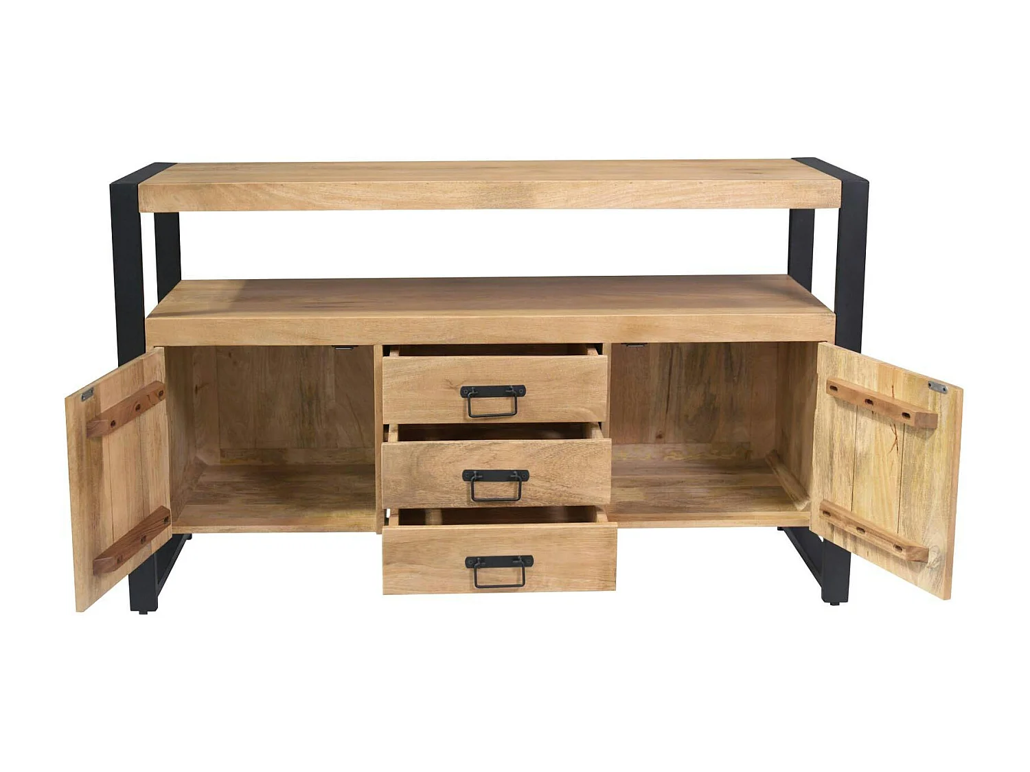 Buffet salon bois clair métal noir 2 portes 3 tiroirs MILORA