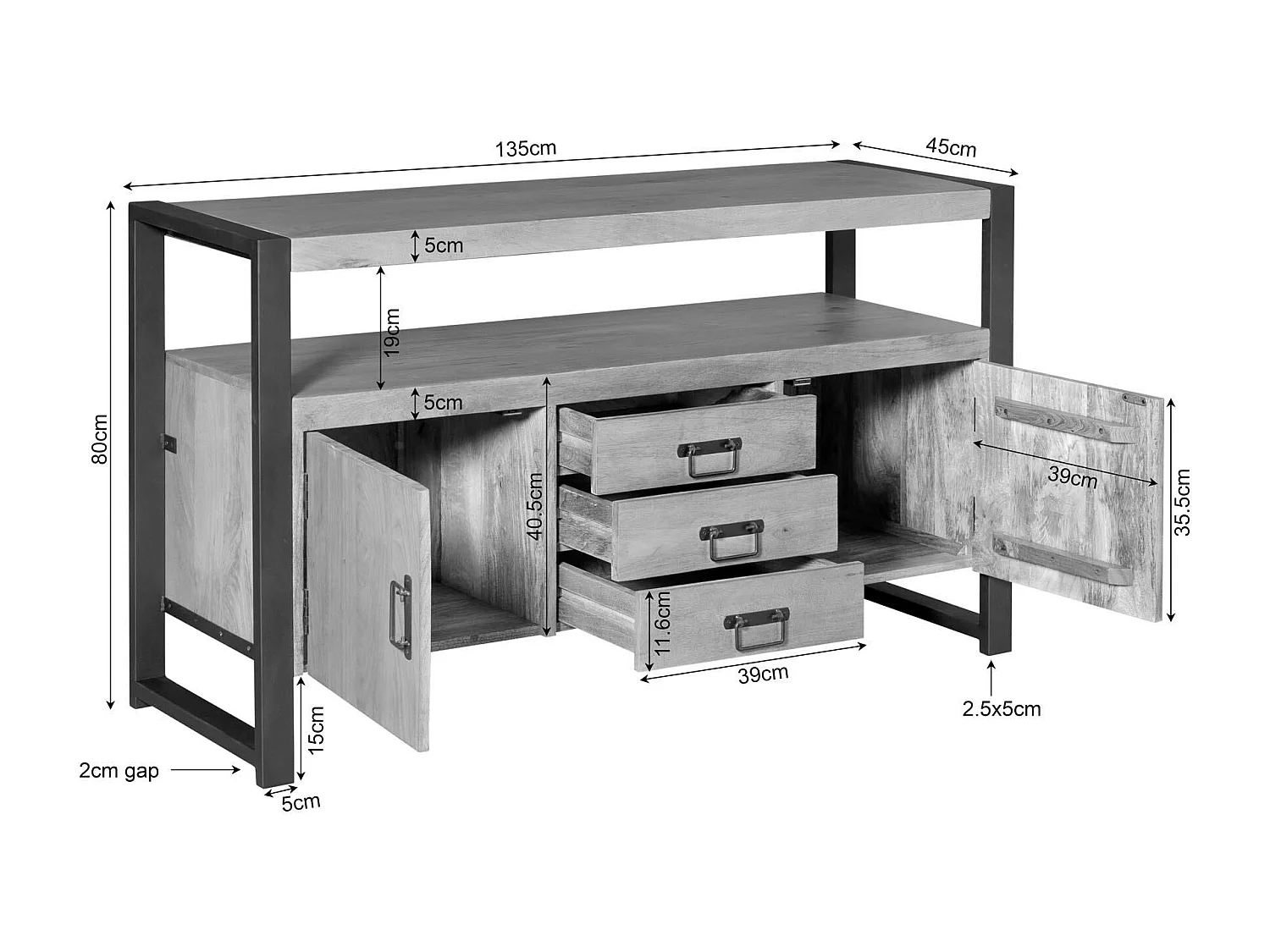 Buffet salon bois clair métal noir 2 portes 3 tiroirs MILORA