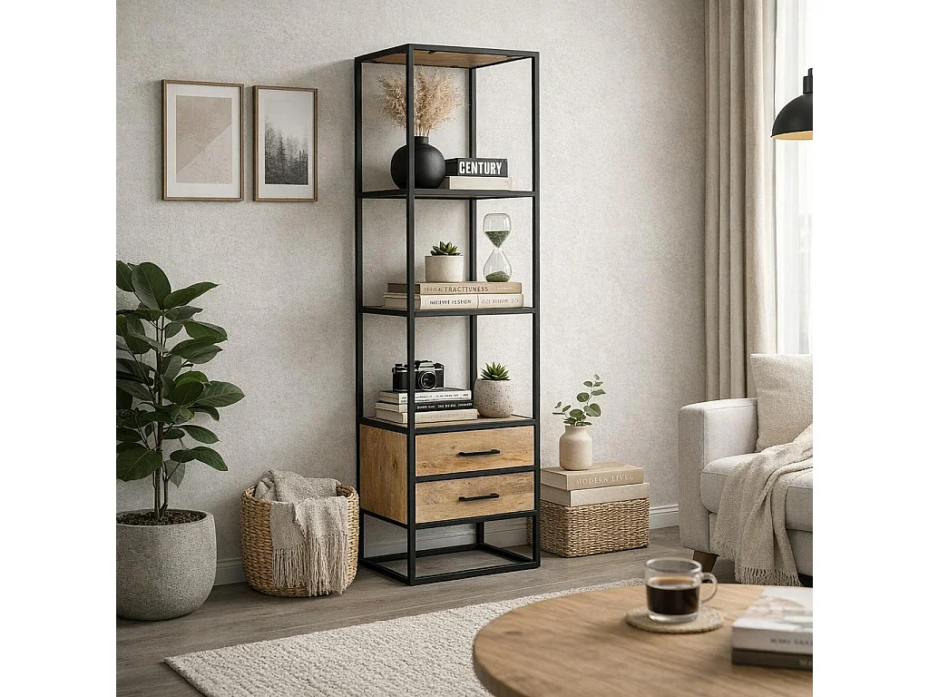 Colonne salon en bois clair 3 plateaux 2 tiroirs RIVANO