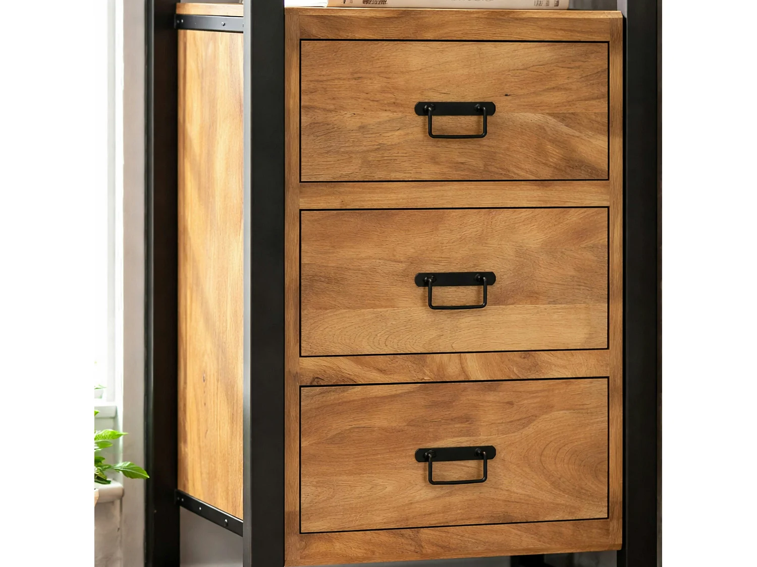 Colonne de salon bois clair métal noir 3 tiroirs MILORA