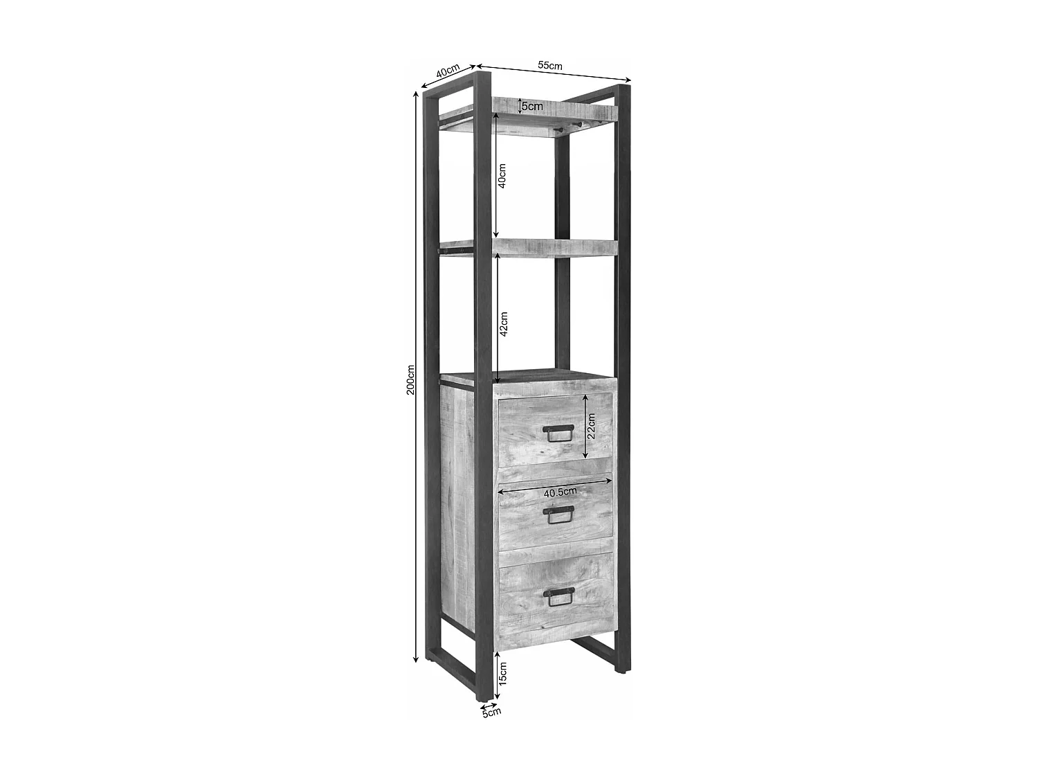 Colonne de salon bois clair métal noir 3 tiroirs MILORA