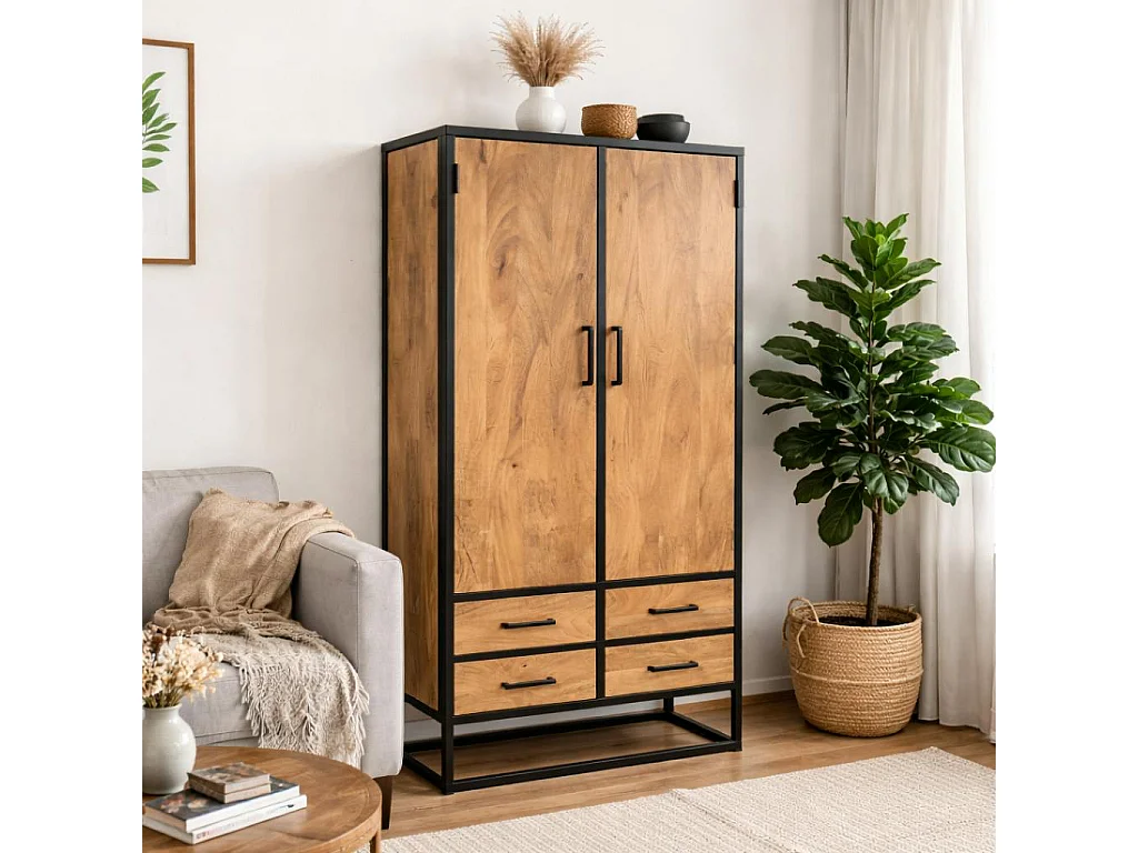 Buffet haut en bois clair 2 portes 4 tiroirs RIVANO