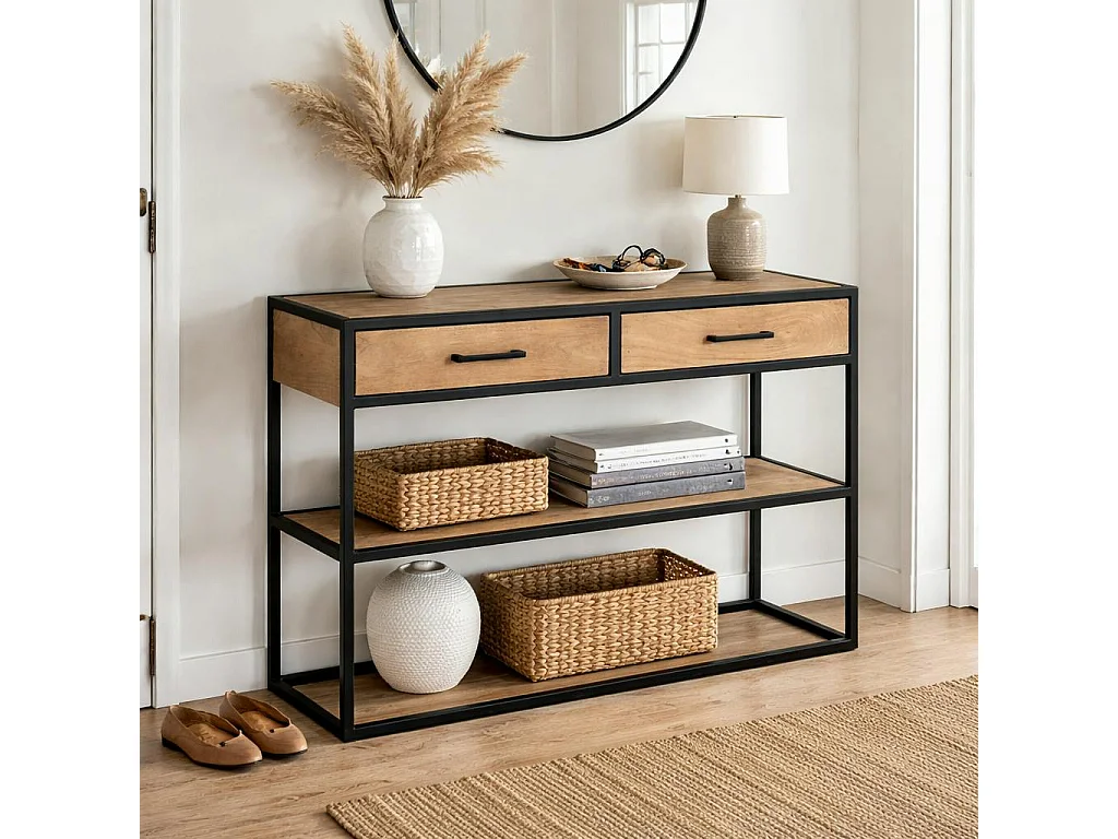 Console d'entrée bois clair 2 plateaux 2 tiroirs RIVANO