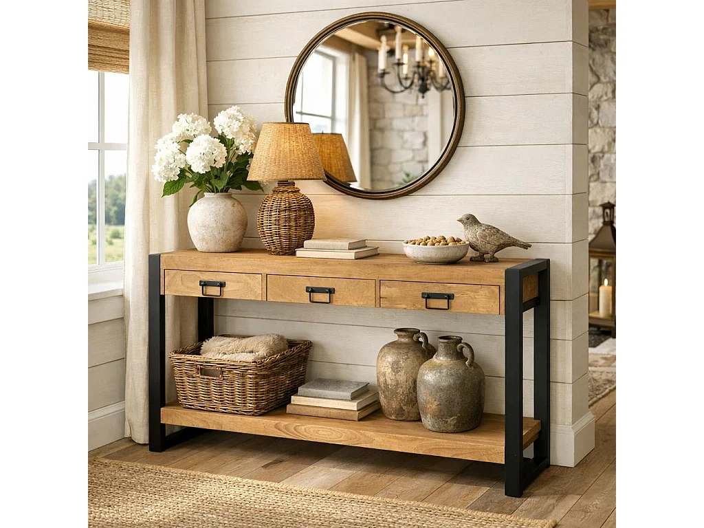 Longue console d'entrée bois clair métal noir 3 tiroirs MILORA