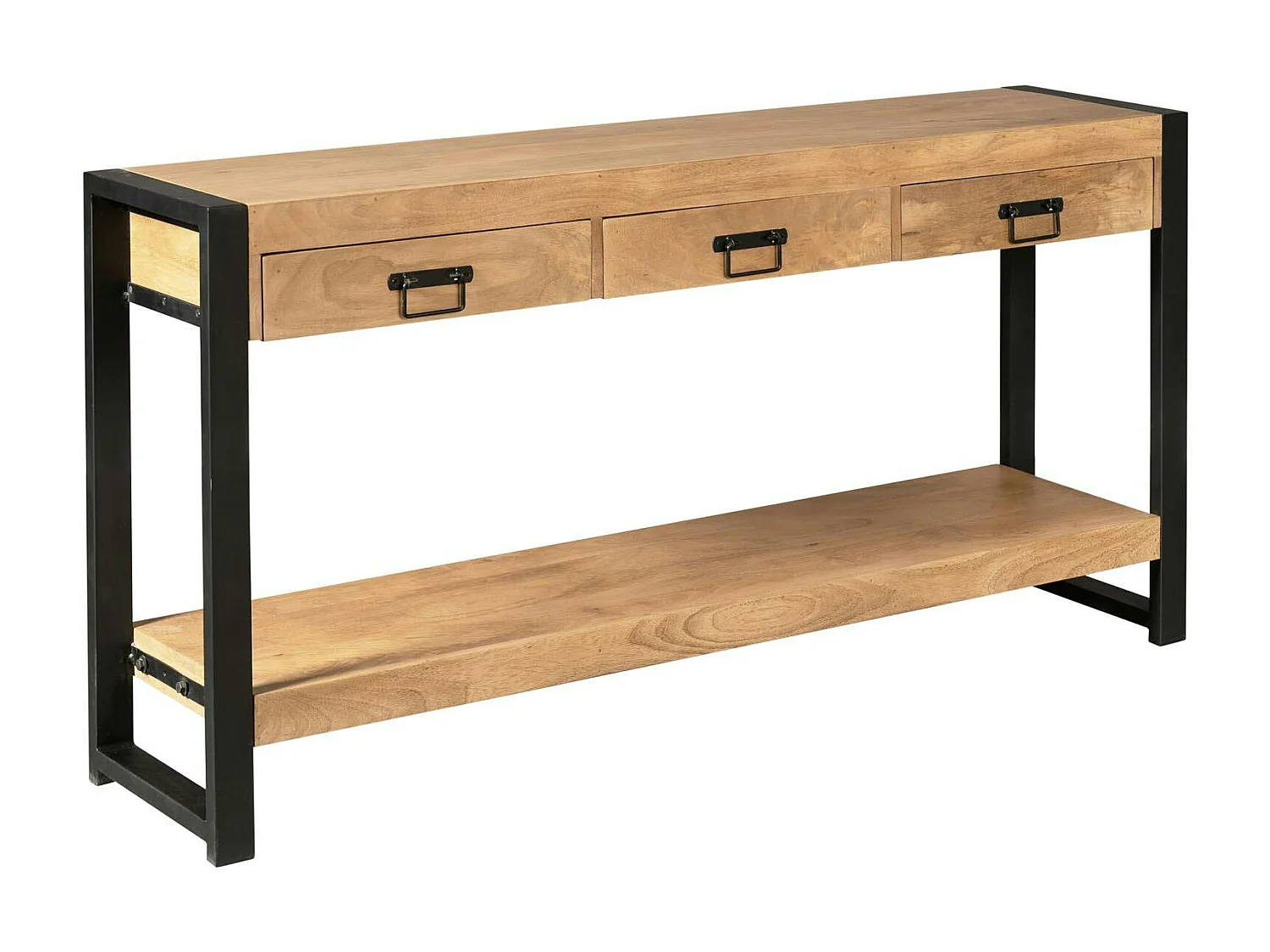 Longue console d'entrée bois clair métal noir 3 tiroirs MILORA