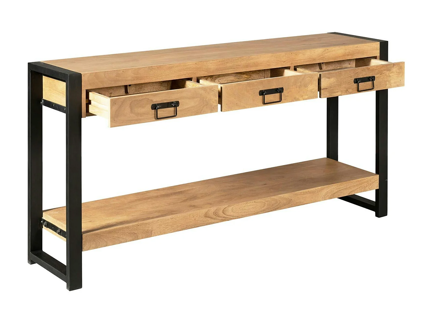 Longue console d'entrée bois clair métal noir 3 tiroirs MILORA