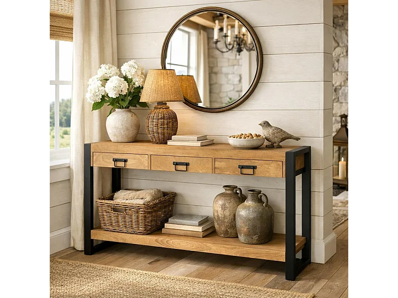 Longue console d'entrée bois clair métal noir 3 tiroirs MILORA