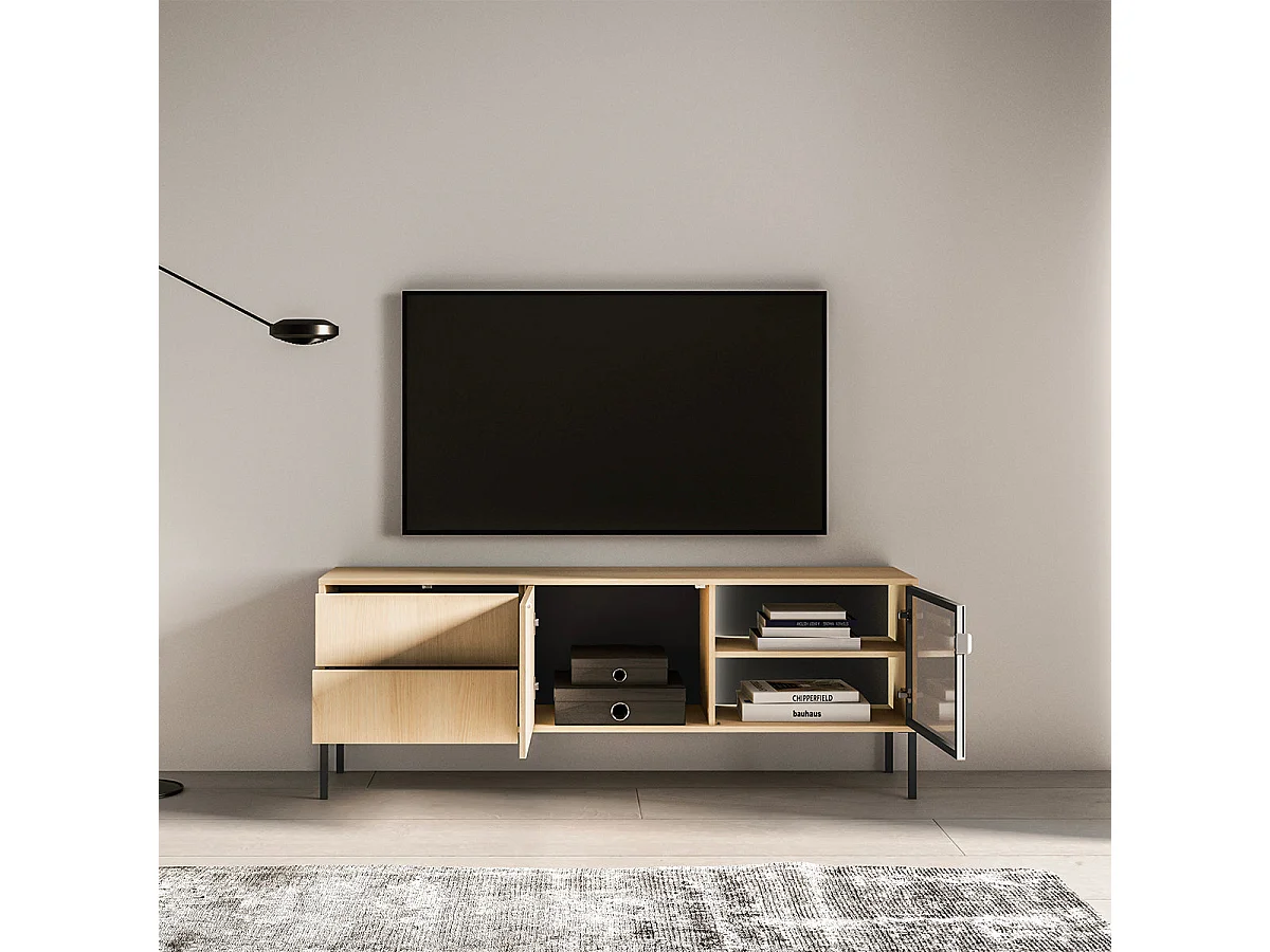 2-door 2-drawer TV stand 160 cm Paige Wood and Black