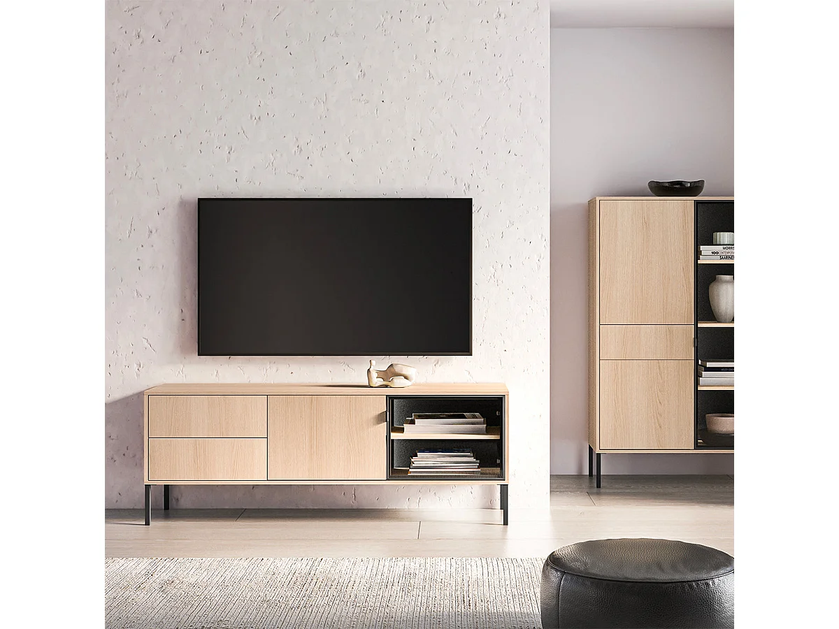 2-door 2-drawer TV stand 160 cm Paige Wood and Black