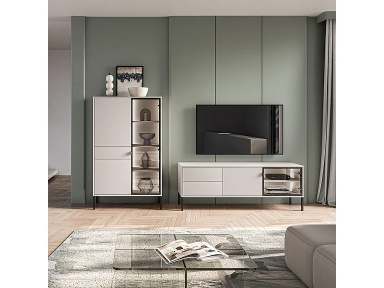 Meuble TV 2 portes 2 tiroirs 160 cm Paige Cachemire et Noir