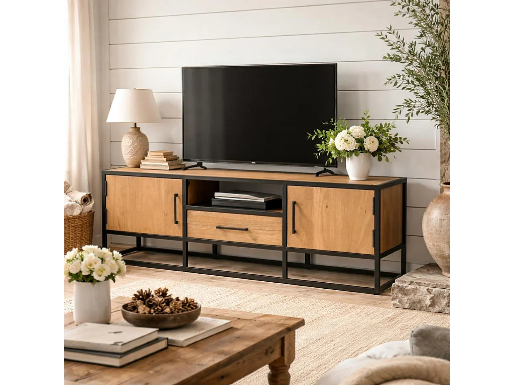 Petit meuble TV bois clair 2 portes 1 tiroir RIVANO