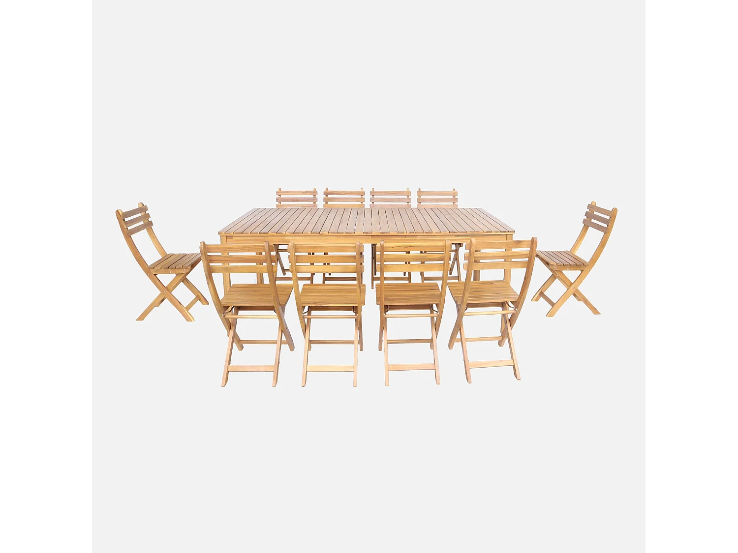 Set tavolo da giardino in acacia con angoli arrotondati con 10 sedie,