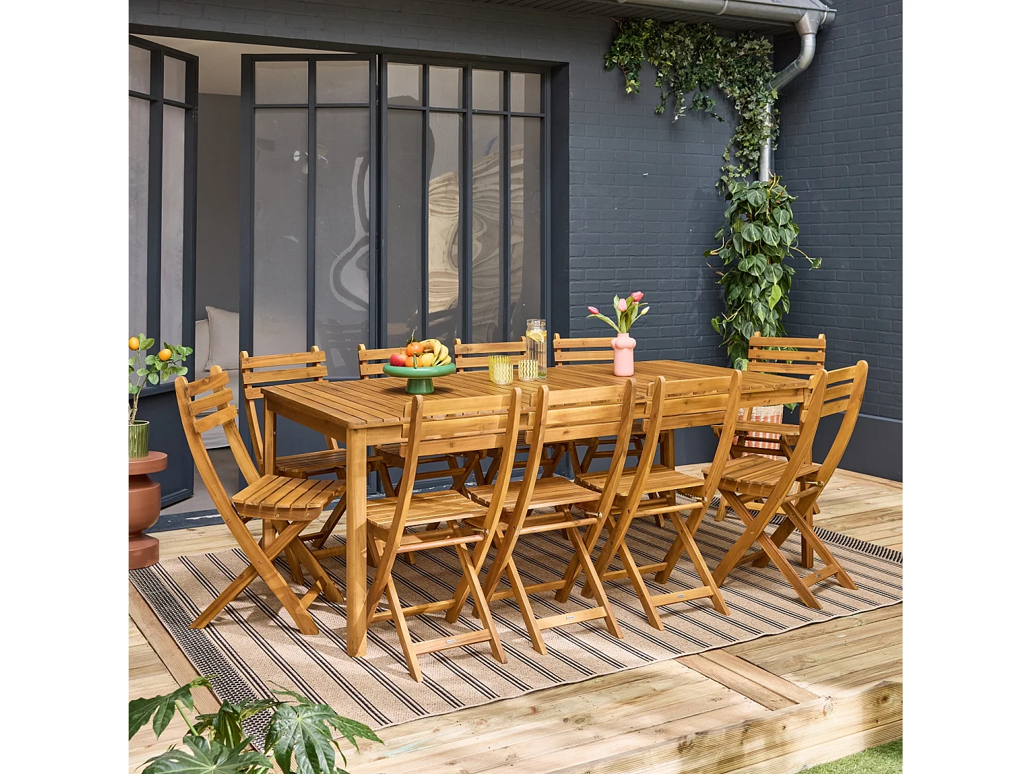 Set tavolo da giardino in acacia con angoli arrotondati con 10 sedie,