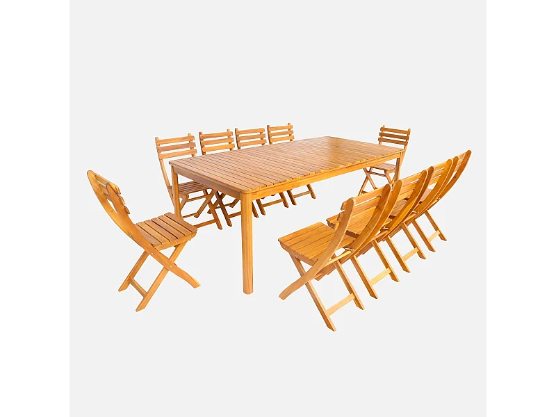 Set tavolo da giardino in acacia con angoli arrotondati con 10 sedie,