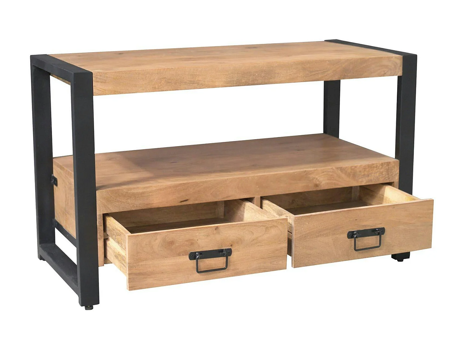 Petit meuble TV bois clair métal noir 2 tiroirs 120 cm MILORA
